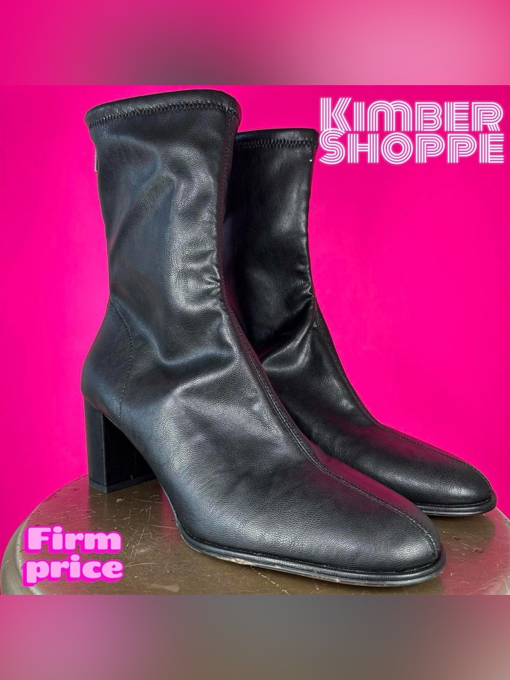 H&M Black Faux Leather Block Heel High Ankle Sock Boot EU 40 US 9